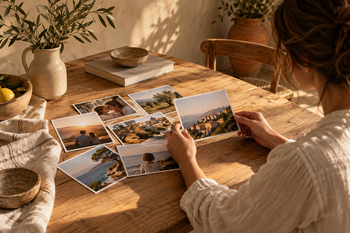 Une personne choisit des photos souvenirs sur une table en bois